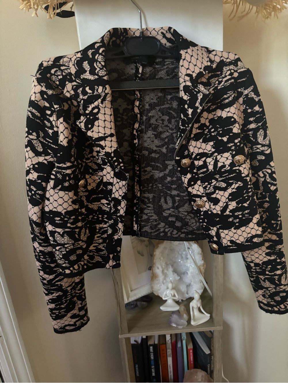 Karen Millen Black & Blush Lace-Effect Cropped Blazer